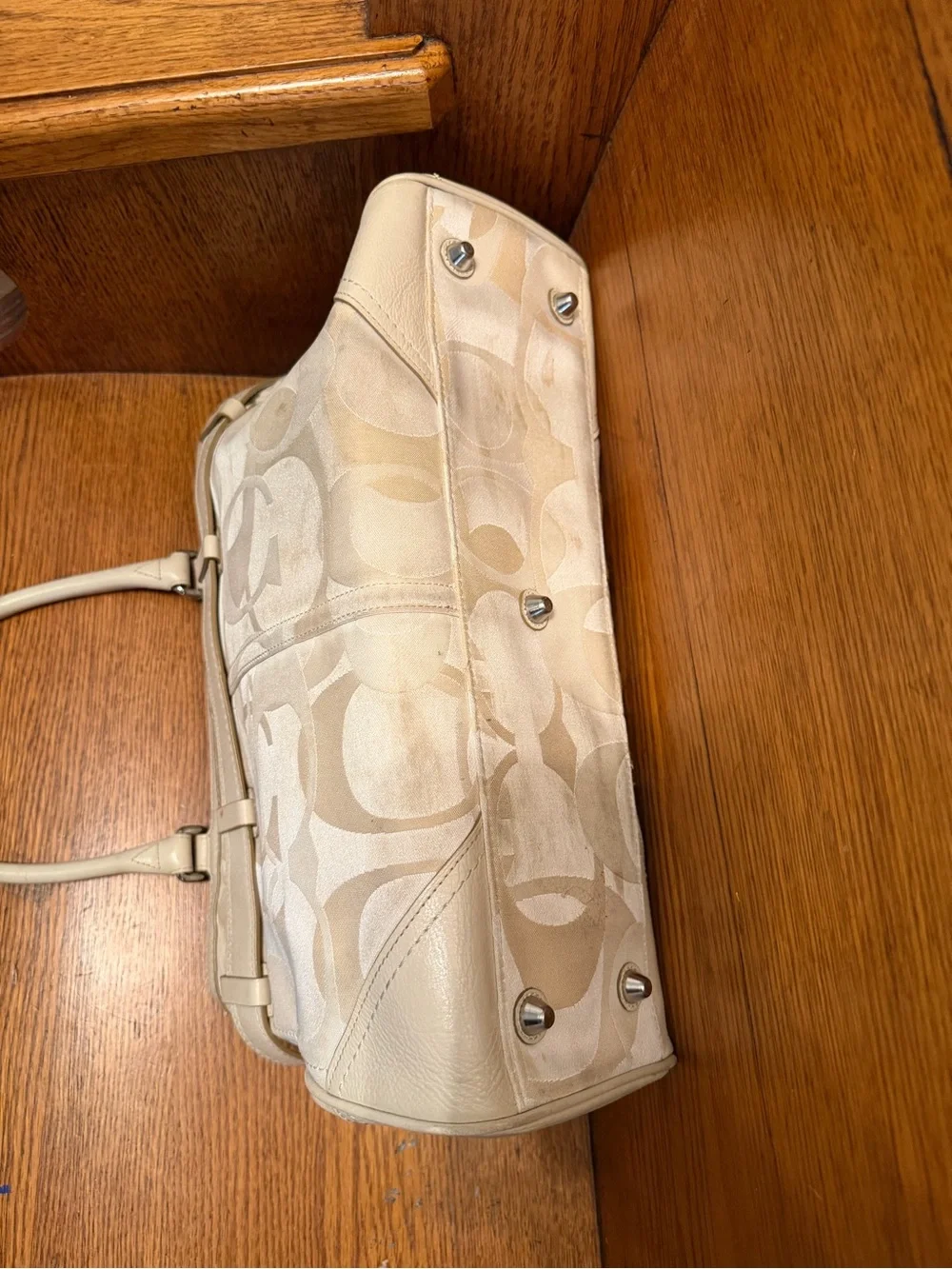 Coach Hampton Optic Signature Carryall Cream & Tan Leather-Trim Satchel Handbag